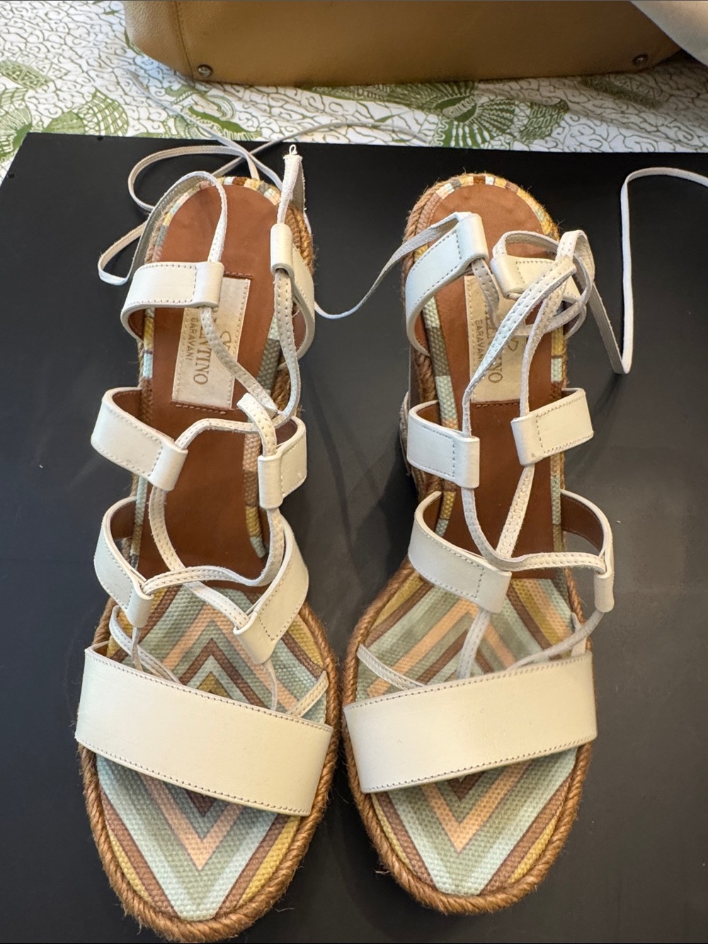 Valentino Cream Strappy Espadrille Sandals with Multicolor Inlay